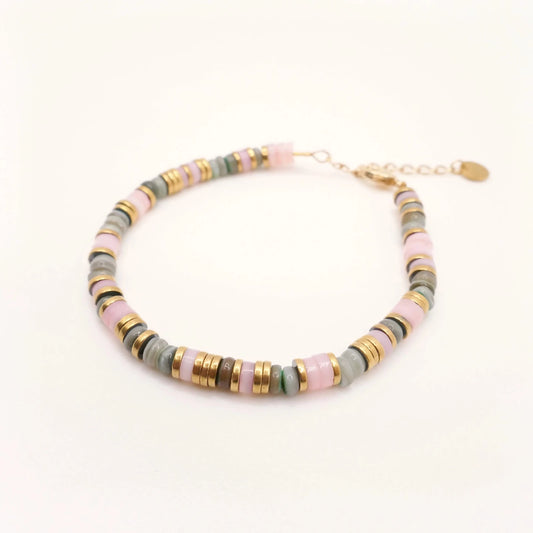 Bracelet pour femme en perles Heishi de coquillages roses et vertes et en perles Heishi Hématite gold