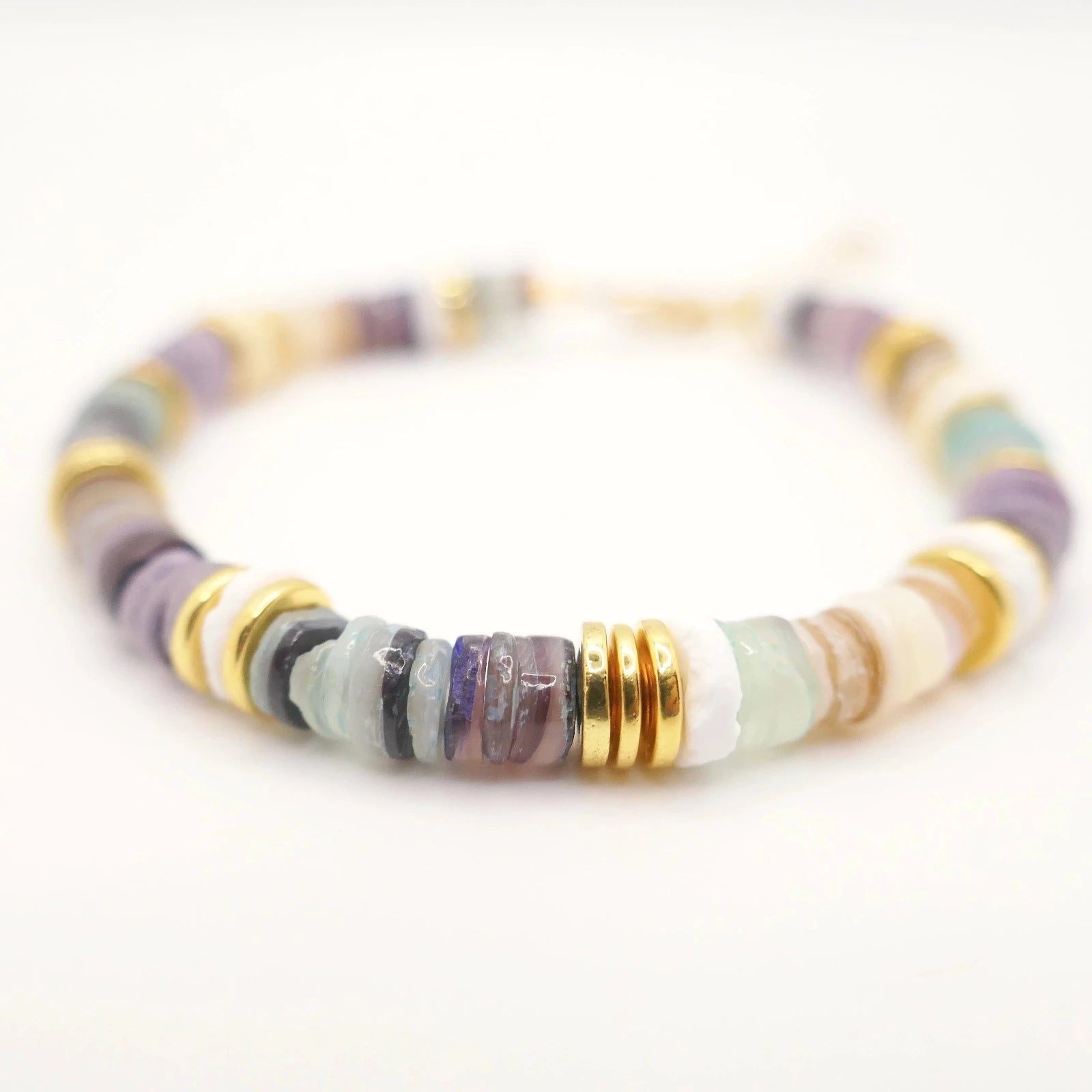 Bracelet femme perles multicolores et heishi or, bracelet perles