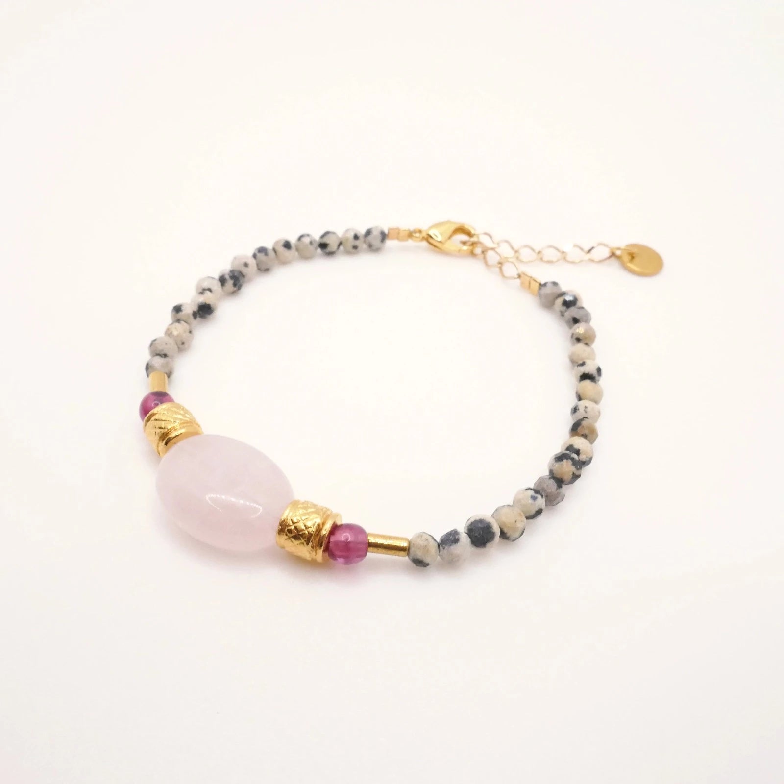 Bracelet rose et doré pour femme avec pierre semi-précieuse en Quartz rose du Brésil et Jaspe Dalmatien